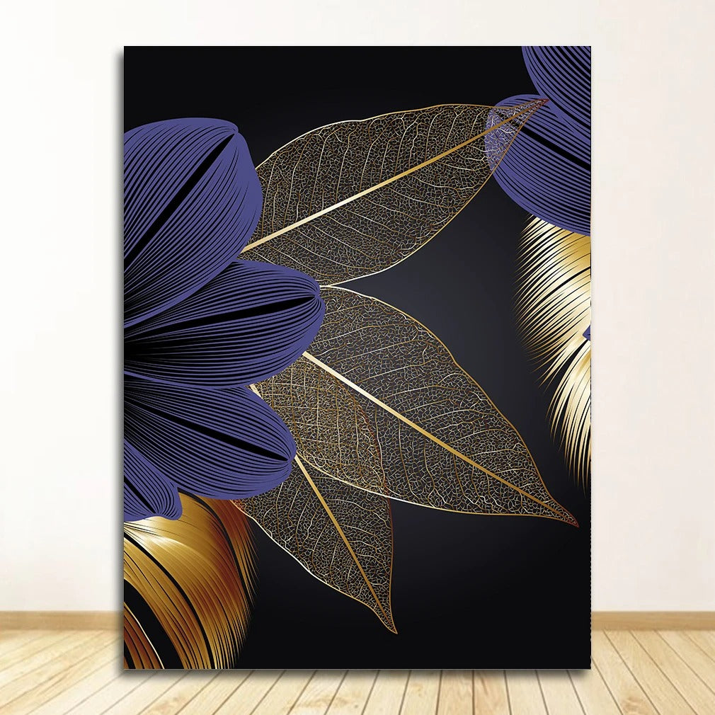 Poster de Tela com Folha de Planta em Preto e Dourado NobleHous