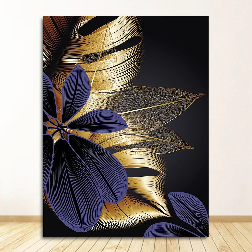 Poster de Tela com Folha de Planta em Preto e Dourado NobleHous