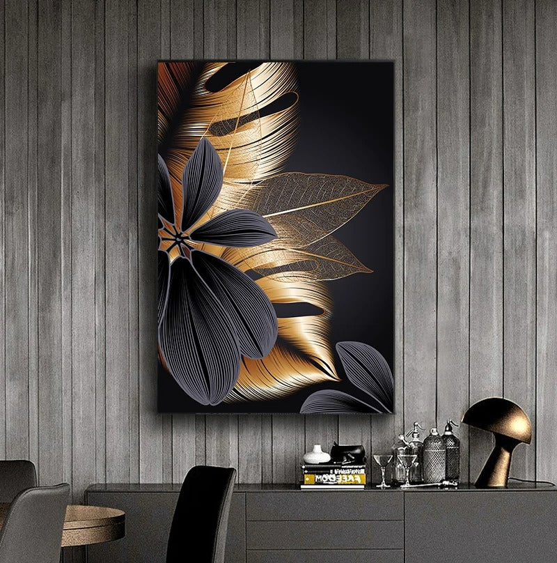 Poster de Tela com Folha de Planta em Preto e Dourado NobleHous