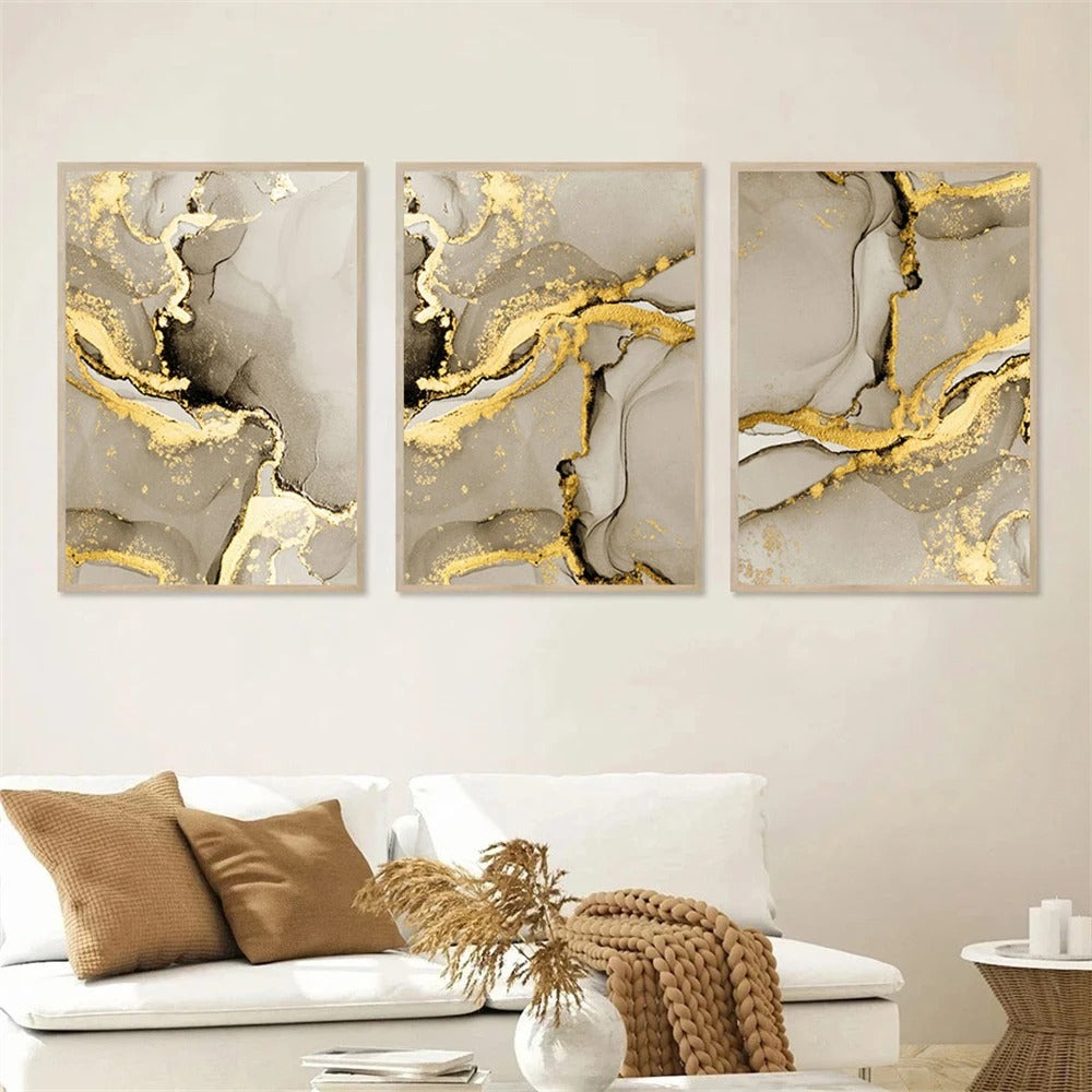 Pintura Abstrata de Mármore Bege e Dourado NobleHous