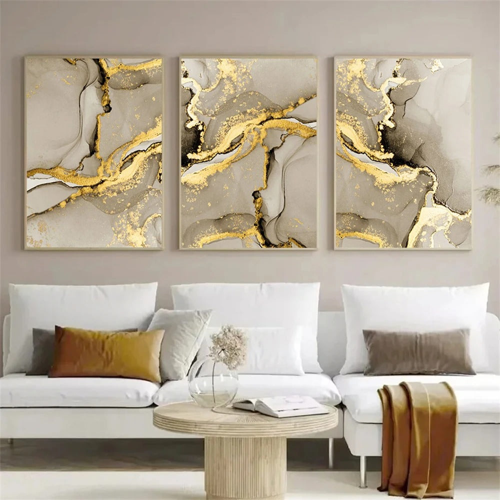 Pintura Abstrata de Mármore Bege e Dourado NobleHous