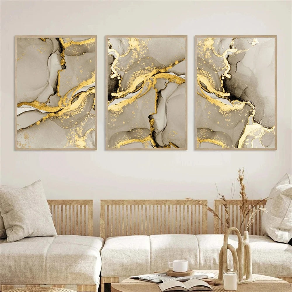 Pintura Abstrata de Mármore Bege e Dourado NobleHous