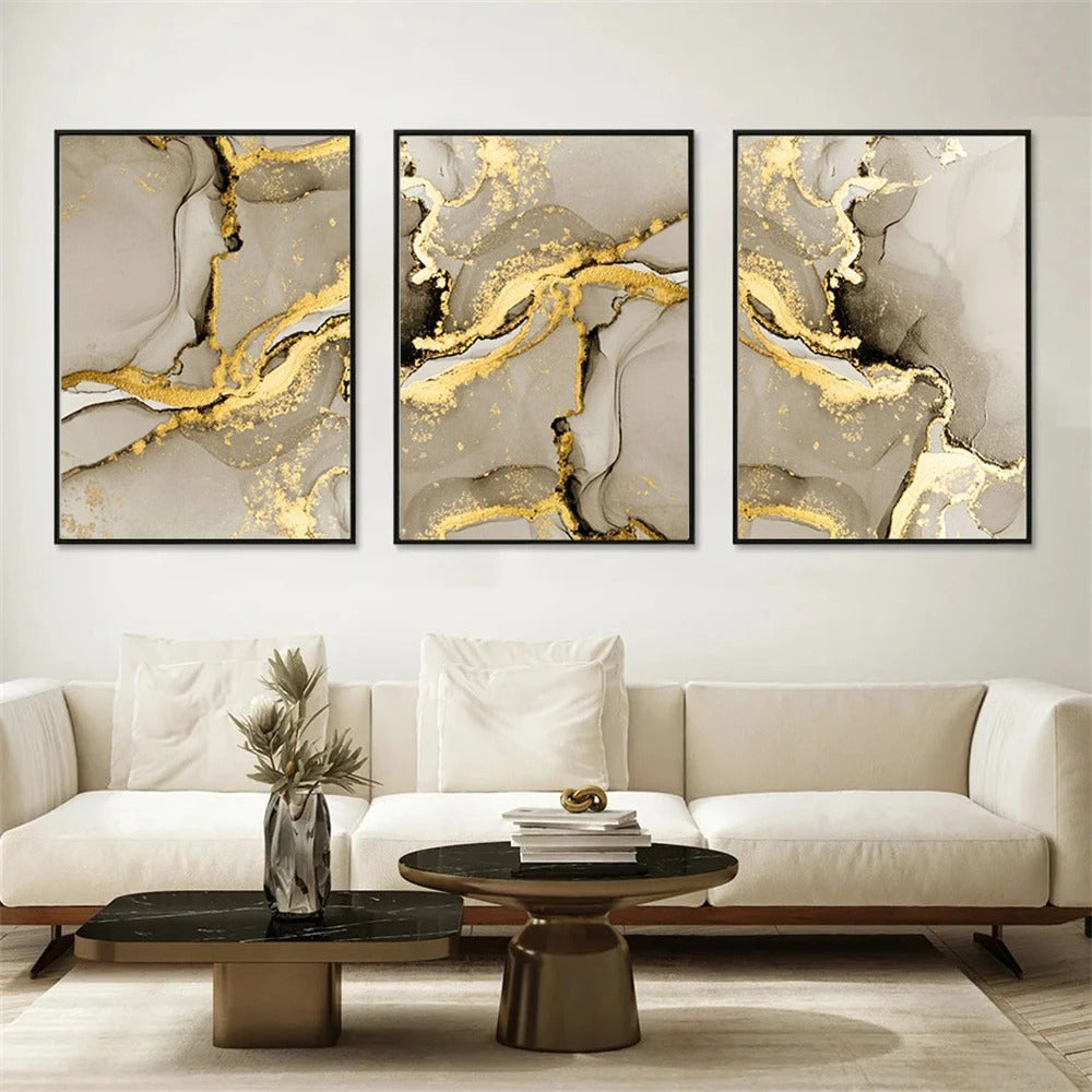 Pintura Abstrata de Mármore Bege e Dourado NobleHous