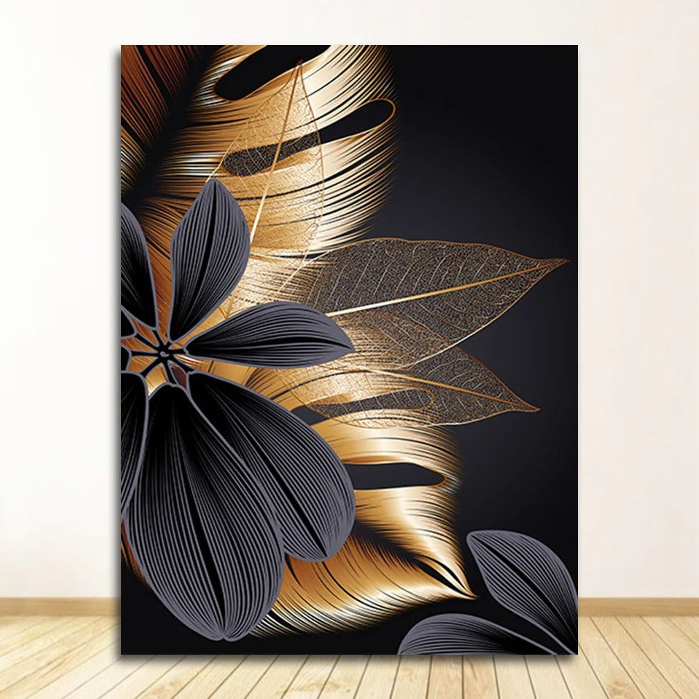 Poster de Tela com Folha de Planta em Preto e Dourado NobleHous