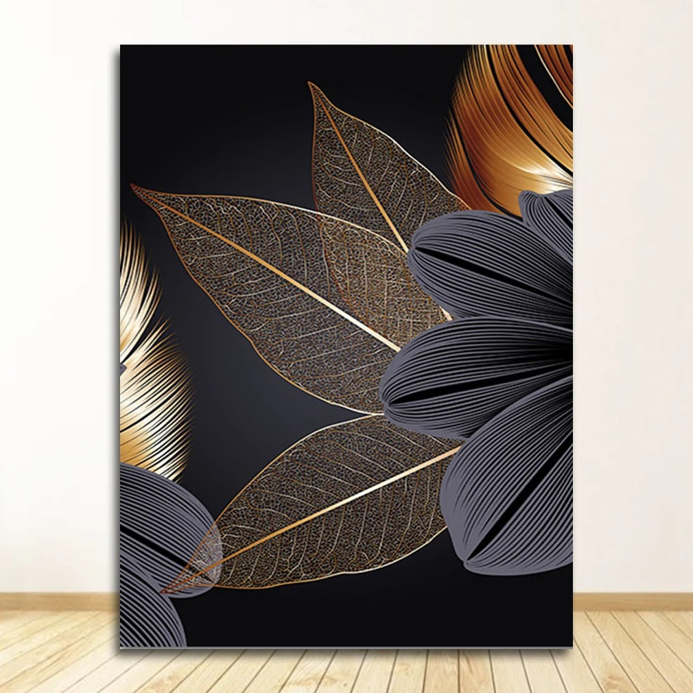 Poster de Tela com Folha de Planta em Preto e Dourado NobleHous